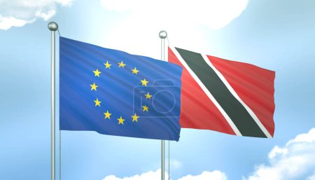 Drapeau 3D de l'Union européenne et Trinité-et-Tobago sur ciel bleu avec soleil brillant