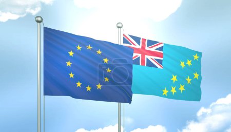 3D-Flagge der Europäischen Union und Tuvalu am blauen Himmel mit Sonnenschein
