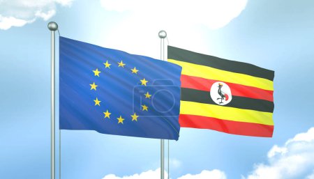3D Flag of European Union and Uganda on Blue Sky with Sun Shine