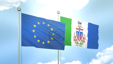 3D Flag of European Union and Yukon on Blue Sky with Sun Shine