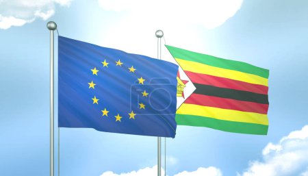3D Flag of European Union and Zimbabwe on Blue Sky with Sun Shine