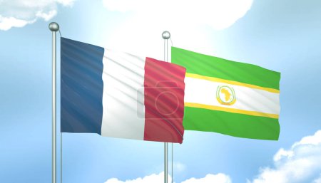 3D Flag of France and African Union on Blue Sky with Sun Shine