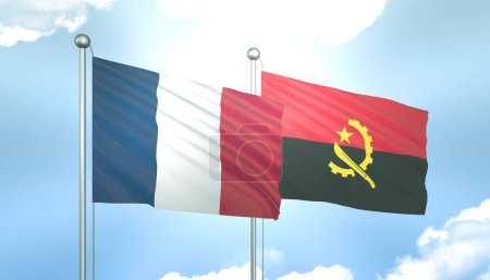 3D Flag of France and Angola on Blue Sky with Sun Shine
