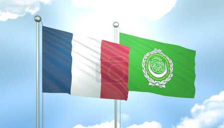 3D Flag of France and Arab League on Blue Sky with Sun Shine