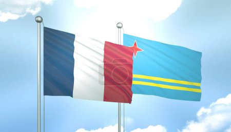 3D Flag of France and Aruba on Blue Sky with Sun Shine