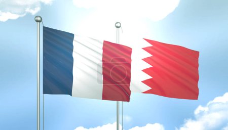 3D Flag of France and Bahrain on Blue Sky with Sun Shine