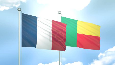 3D Flag of France and Benin on Blue Sky with Sun Shine