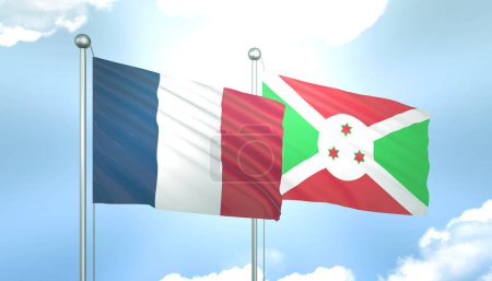 3D Flag of France and Burundi on Blue Sky with Sun Shine