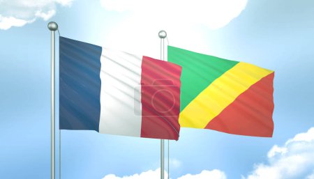 3D Flag of France and Congo republic on Blue Sky with Sun Shine