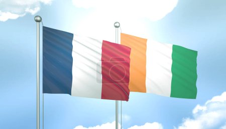 3D-Flagge Frankreichs und der Elfenbeinküste am blauen Himmel mit Sonnenschein