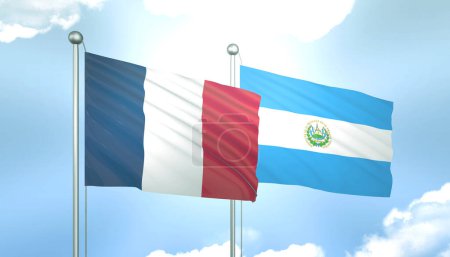3D Flag of France and El Salvador on Blue Sky with Sun Shine