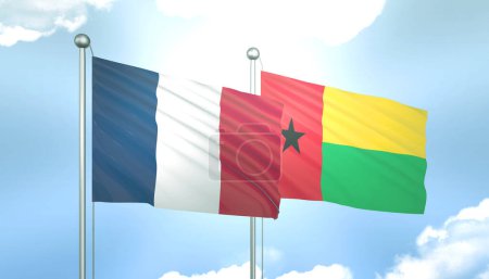 3D Flag of France and Guinea Bissau  on Blue Sky with Sun Shine