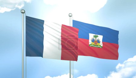 3D Flag of France and Haiti on Blue Sky with Sun Shine