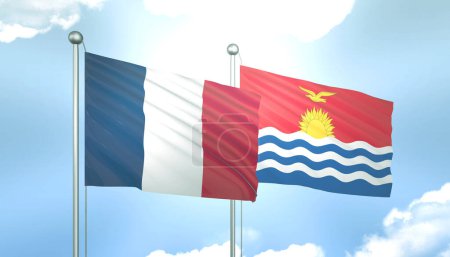 3D-Flagge von Frankreich und Kiribati am blauen Himmel mit Sonnenschein
