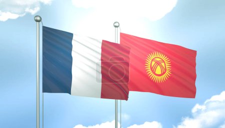 3D Flag of France and Kyrgyzstan on Blue Sky with Sun Shine