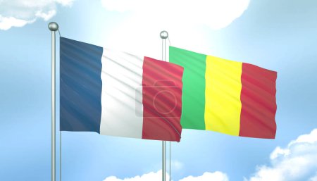 3D Flag of France and Mali on Blue Sky with Sun Shine