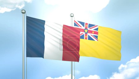 3D Flag of France and Niue on Blue Sky with Sun Shine