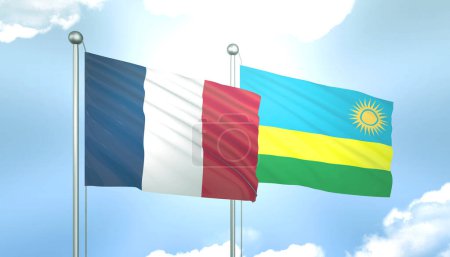 3D Flag of France and Rwanda on Blue Sky with Sun Shine