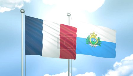 3D Flag of France and San Marino on Blue Sky with Sun Shine