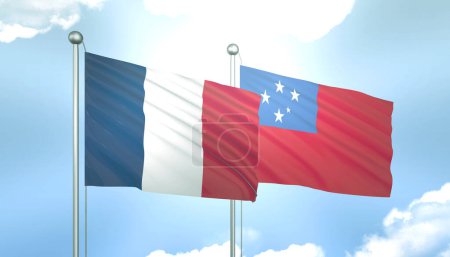 Bandera 3D de Francia y Samoa en Cielo Azul con Sol Brillante