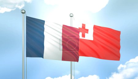 3D Flag of France and Tonga on Blue Sky with Sun Shine