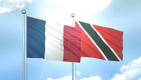 3D Flag of France and Trinidad Tobago on Blue Sky with Sun Shine