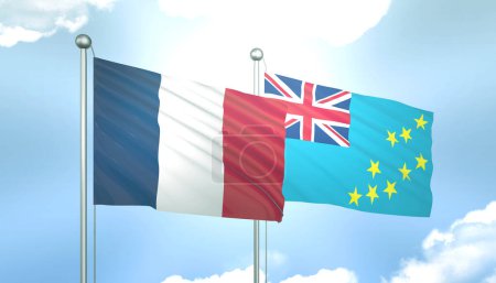 3D Flag of France and Tuvalu on Blue Sky with Sun Shine