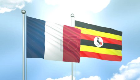 3D Flag of France and Uganda on Blue Sky with Sun Shine