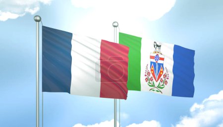 3D Flag of France and Yukon on Blue Sky with Sun Shine
