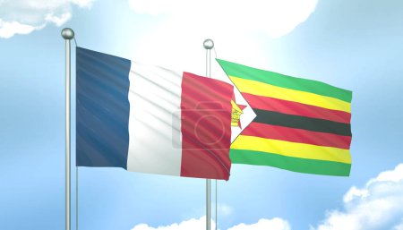 3D Flag of France and Zimbabwe on Blue Sky with Sun Shine