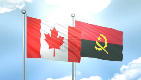 3D Flag of Canada and Angola on Blue Sky with Sun Shine