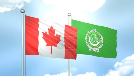 3D Flag of Canada and Arab League on Blue Sky with Sun Shine