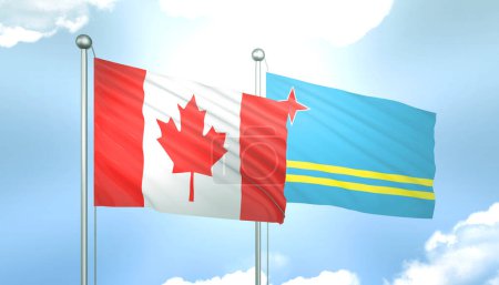 3D Flag of Canada and Aruba on Blue Sky with Sun Shine