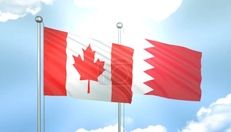 3D Flag of Canada and Bahrain on Blue Sky with Sun Shine