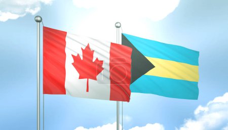 3D Flagge von Kanada und Bahamas auf blauem Himmel mit Sonnenschein