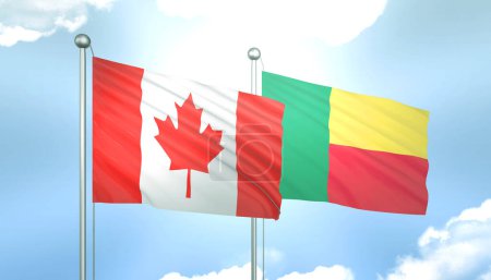 3D Flag of Canada and Benin on Blue Sky with Sun Shine