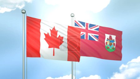 3D Flag of Canada and Bermuda on Blue Sky with Sun Shine