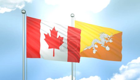 3D Flagge von Kanada und Bhutan auf blauem Himmel mit Sonnenschein