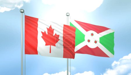 3D Flag of Canada and Burundi on Blue Sky with Sun Shine