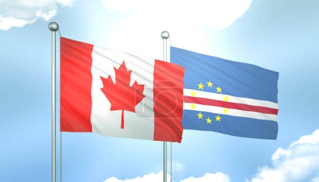 3D Flag of Canada and Cape Verde on Blue Sky with Sun Shine