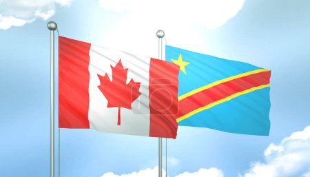 3D Flag of Canada and  Democratic Republic of the Congo on Blue Sky with Sun Shine