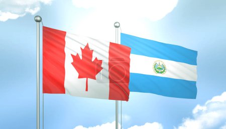 3D Flag of Canada and El Salvadorr on Blue Sky with Sun Shine