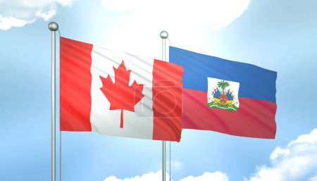 3D Flag of Canada and Haiti on Blue Sky with Sun Shine