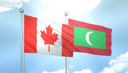 3D Flagge von Kanada und den Malediven auf blauem Himmel mit Sonnenschein