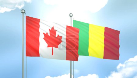3D Flag of Canada and Mali on Blue Sky with Sun Shine
