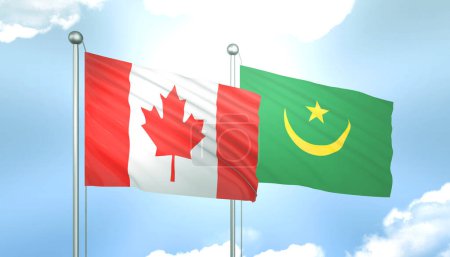 3D Flagge von Kanada und Mauretanien auf blauem Himmel mit Sonnenschein