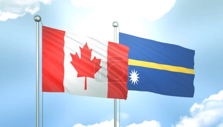 3D Flagge von Kanada und Nauru auf blauem Himmel mit Sonnenschein