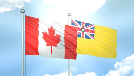 3D Flag of Canada and Niue on Blue Sky with Sun Shine