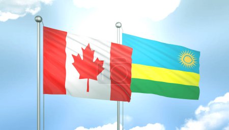 3D Flag of Canada and Rwanda on Blue Sky with Sun Shine