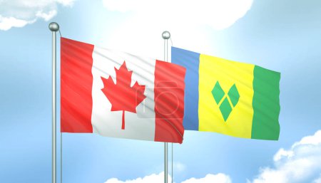 Bandera 3D de Canadá y San Vicente y las Granadinas en el Cielo Azul con Sol Brillante